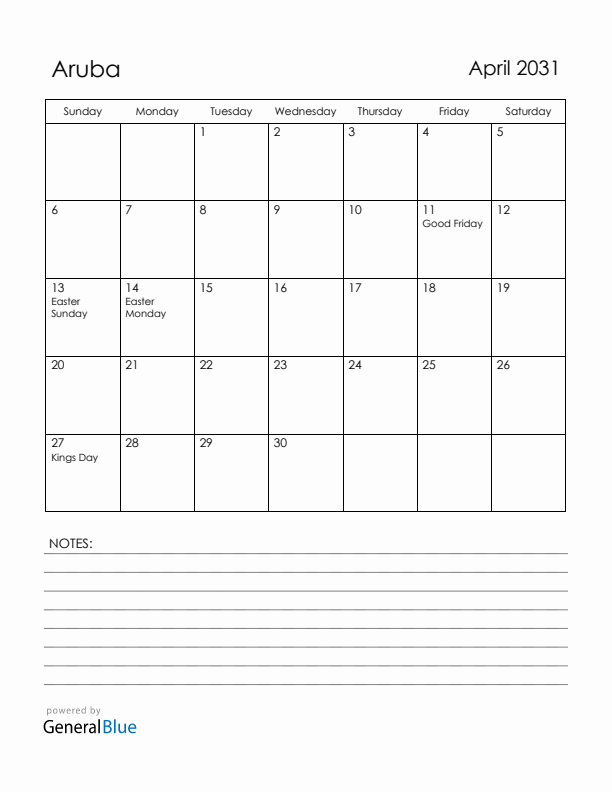 April 2031 Aruba Calendar with Holidays (Sunday Start)