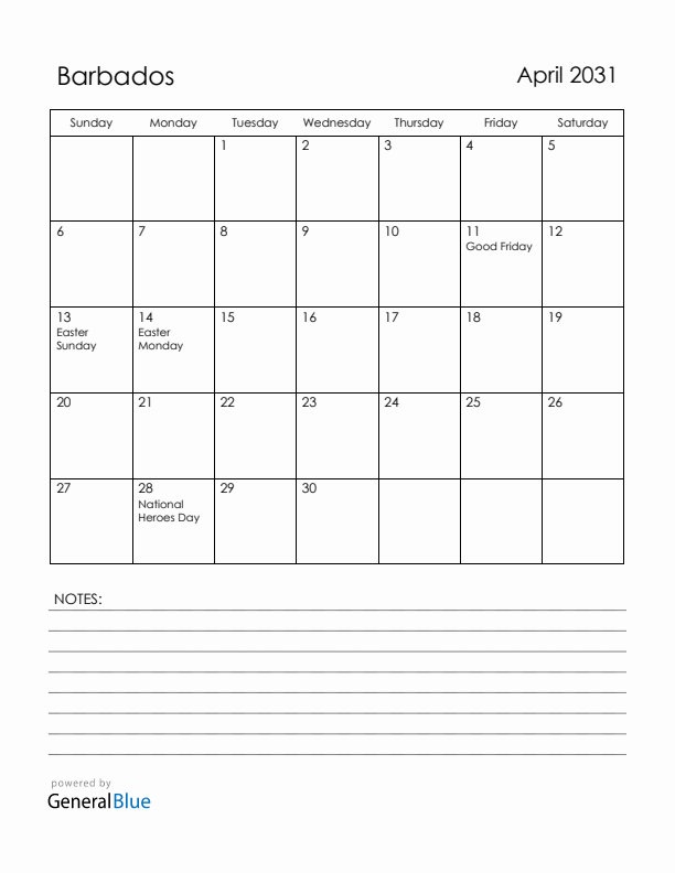 April 2031 Barbados Calendar with Holidays (Sunday Start)