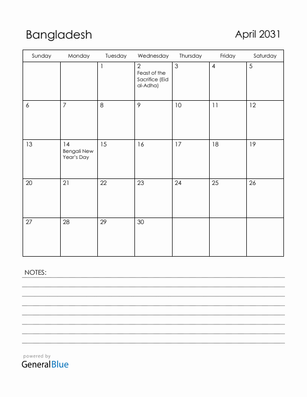 April 2031 Bangladesh Calendar with Holidays (Sunday Start)