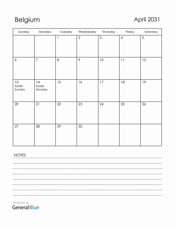 April 2031 Belgium Calendar with Holidays (Sunday Start)
