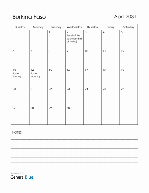 April 2031 Burkina Faso Calendar with Holidays (Sunday Start)