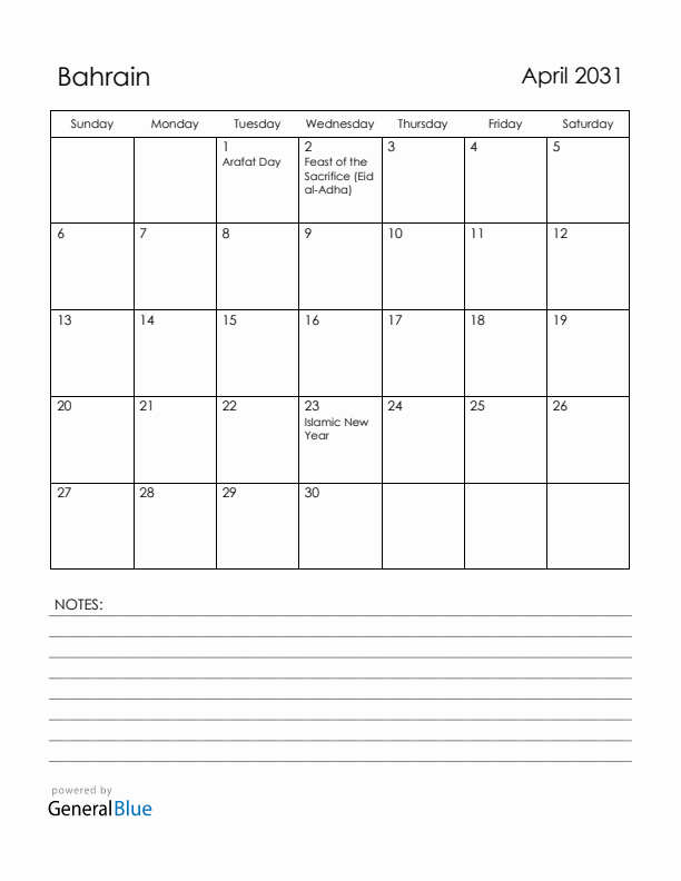 April 2031 Bahrain Calendar with Holidays (Sunday Start)