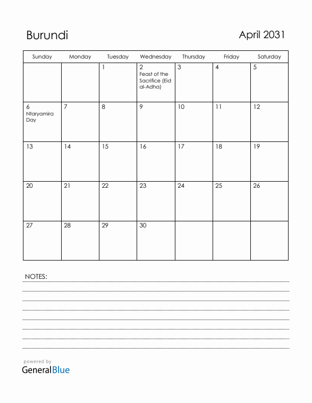 April 2031 Burundi Calendar with Holidays (Sunday Start)
