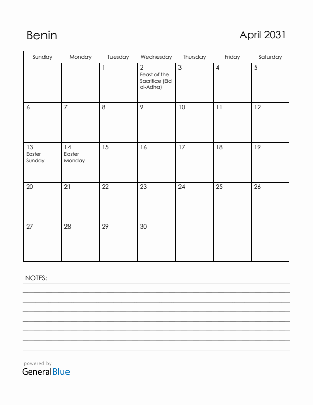 April 2031 Benin Calendar with Holidays (Sunday Start)