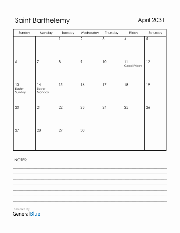 April 2031 Saint Barthelemy Calendar with Holidays (Sunday Start)