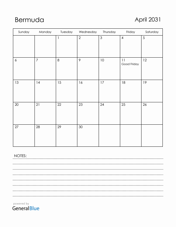 April 2031 Bermuda Calendar with Holidays (Sunday Start)