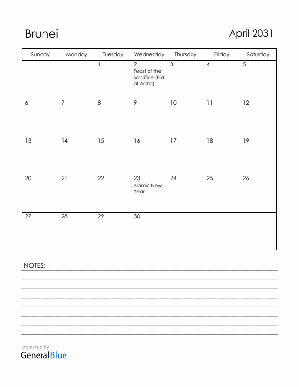 April 2031 Brunei Calendar with Holidays (Sunday Start)