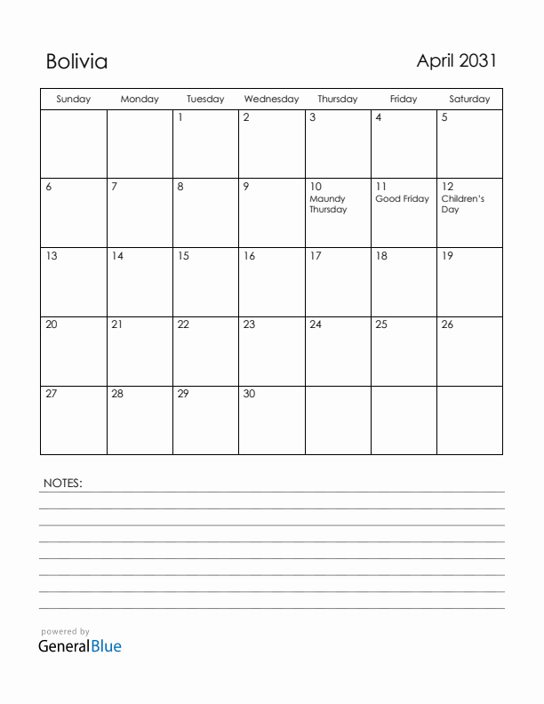 April 2031 Bolivia Calendar with Holidays (Sunday Start)