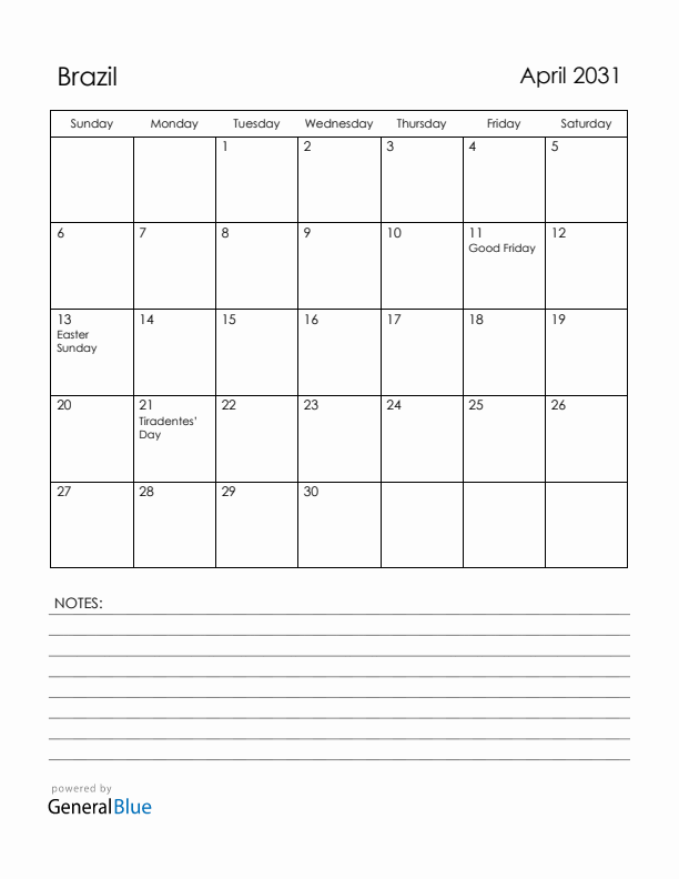April 2031 Brazil Calendar with Holidays (Sunday Start)