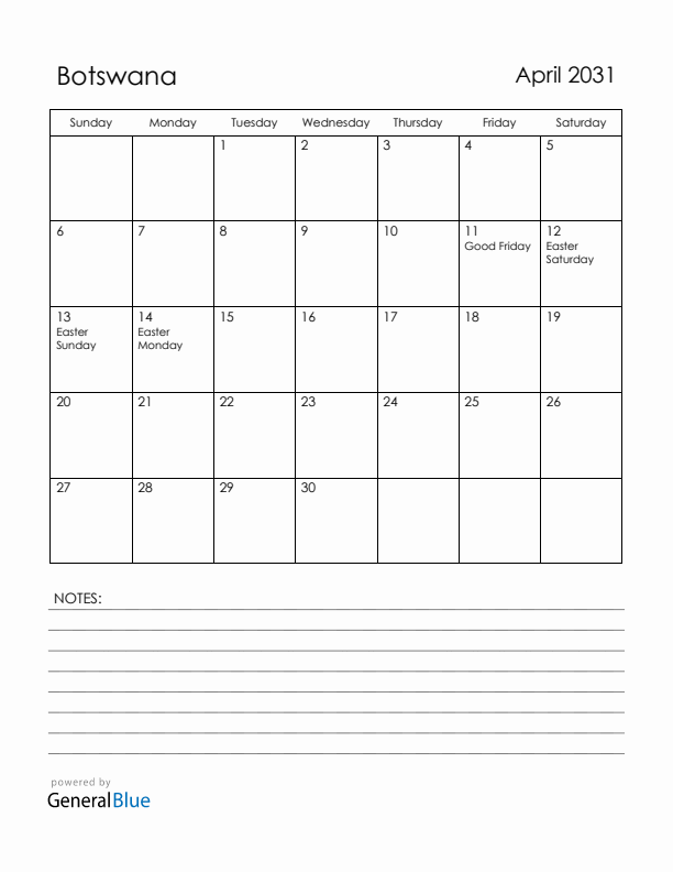 April 2031 Botswana Calendar with Holidays (Sunday Start)