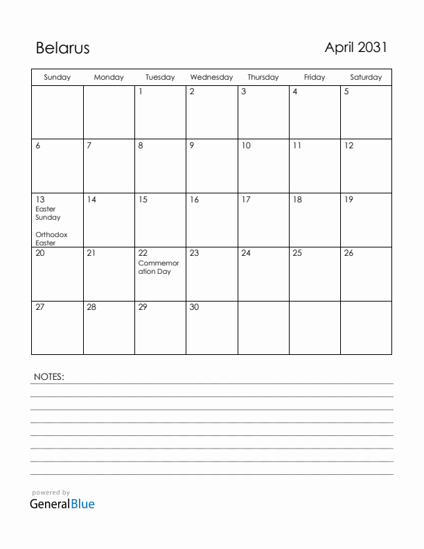 April 2031 Belarus Calendar with Holidays (Sunday Start)
