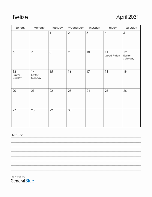 April 2031 Belize Calendar with Holidays (Sunday Start)
