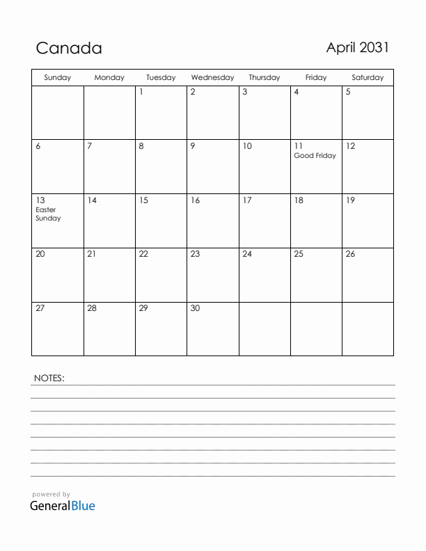 April 2031 Canada Calendar with Holidays (Sunday Start)