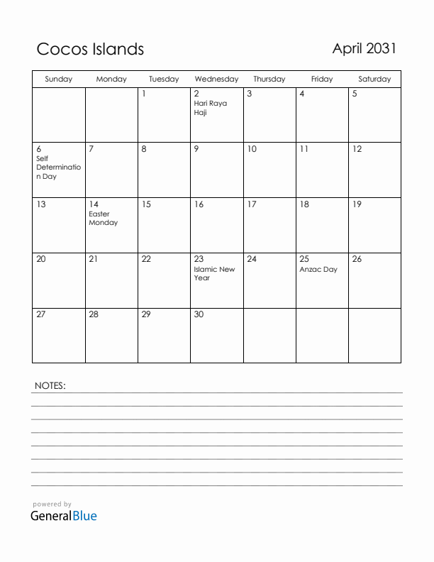 April 2031 Cocos Islands Calendar with Holidays (Sunday Start)