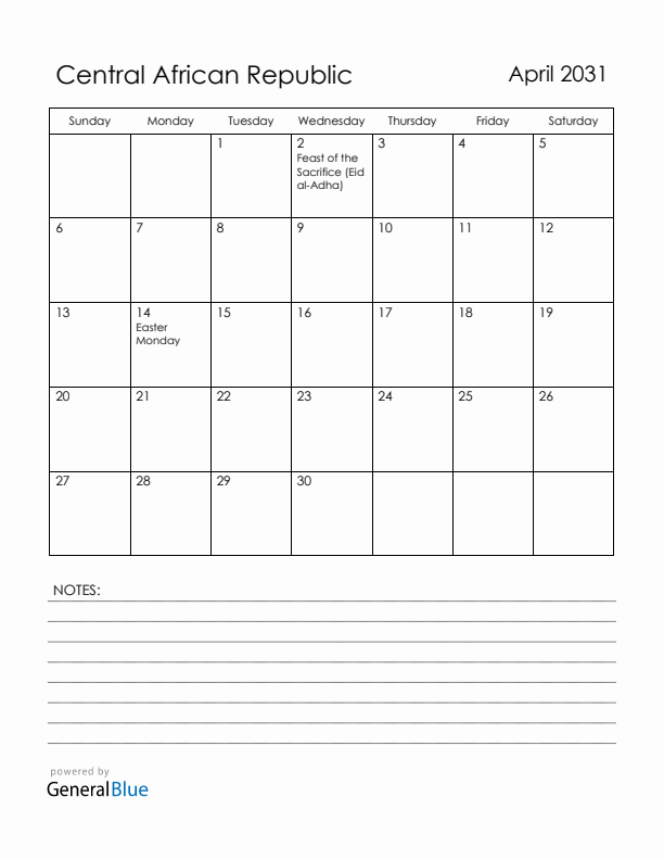 April 2031 Central African Republic Calendar with Holidays (Sunday Start)