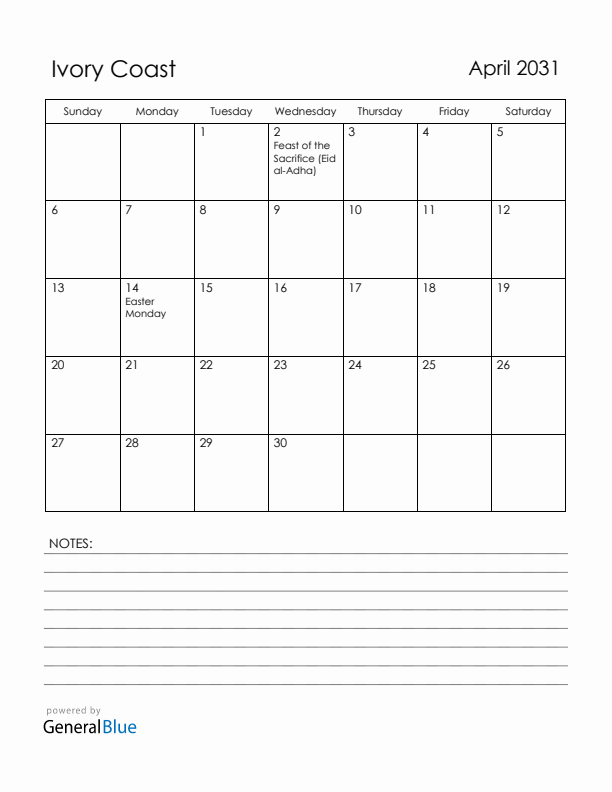April 2031 Ivory Coast Calendar with Holidays (Sunday Start)
