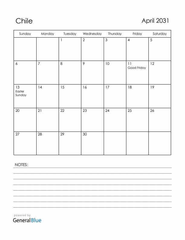 April 2031 Chile Calendar with Holidays (Sunday Start)