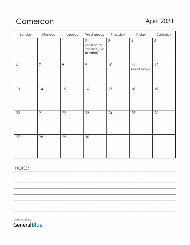 April 2031 Cameroon Calendar with Holidays (Sunday Start)