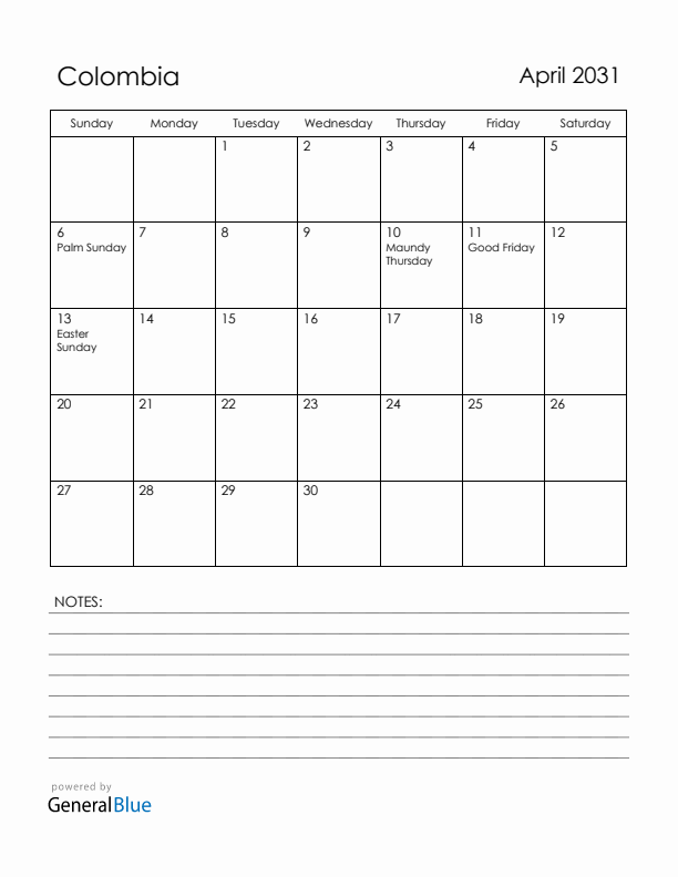 April 2031 Colombia Calendar with Holidays (Sunday Start)