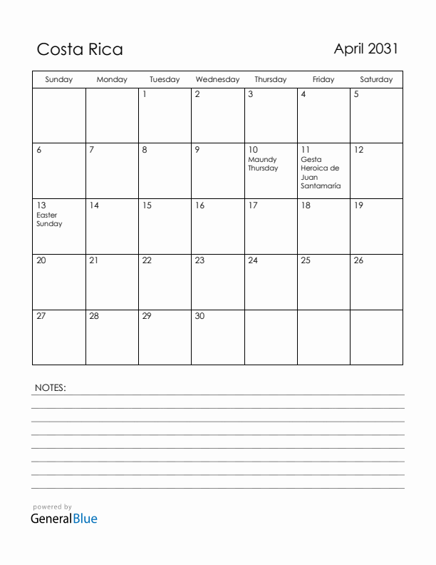 April 2031 Costa Rica Calendar with Holidays (Sunday Start)