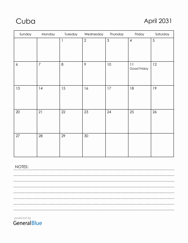 April 2031 Cuba Calendar with Holidays (Sunday Start)