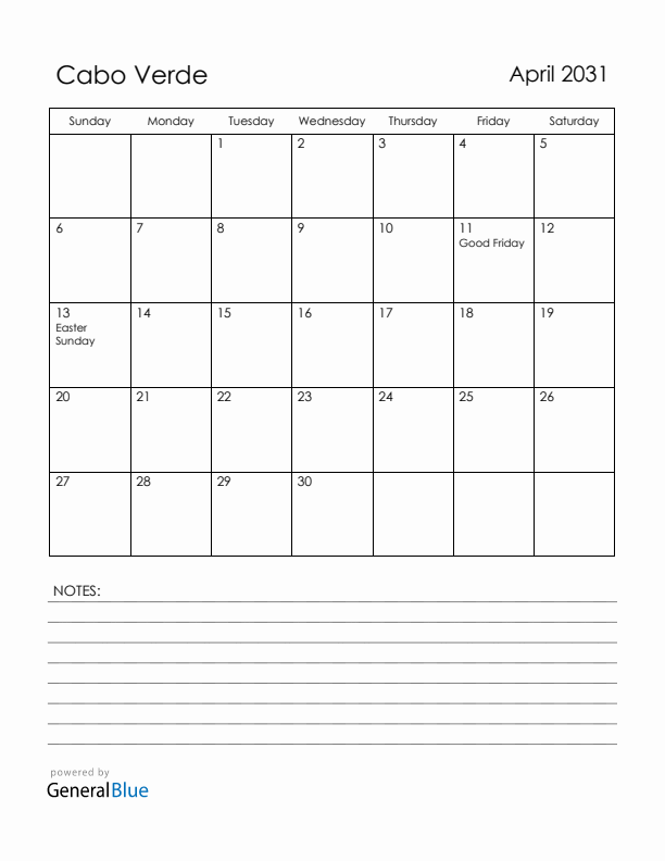 April 2031 Cabo Verde Calendar with Holidays (Sunday Start)