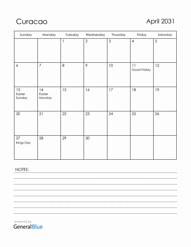 April 2031 Curacao Calendar with Holidays (Sunday Start)