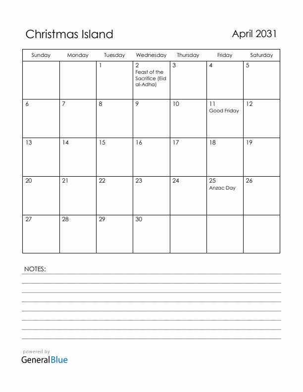 April 2031 Christmas Island Calendar with Holidays (Sunday Start)
