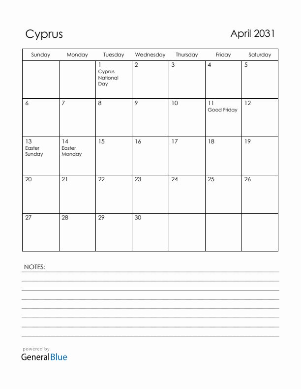 April 2031 Cyprus Calendar with Holidays (Sunday Start)