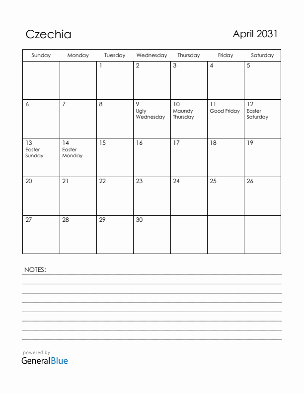 April 2031 Czechia Calendar with Holidays (Sunday Start)