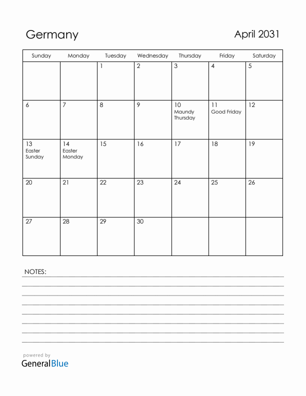 April 2031 Germany Calendar with Holidays (Sunday Start)