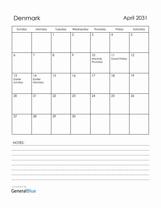 April 2031 Denmark Calendar with Holidays (Sunday Start)