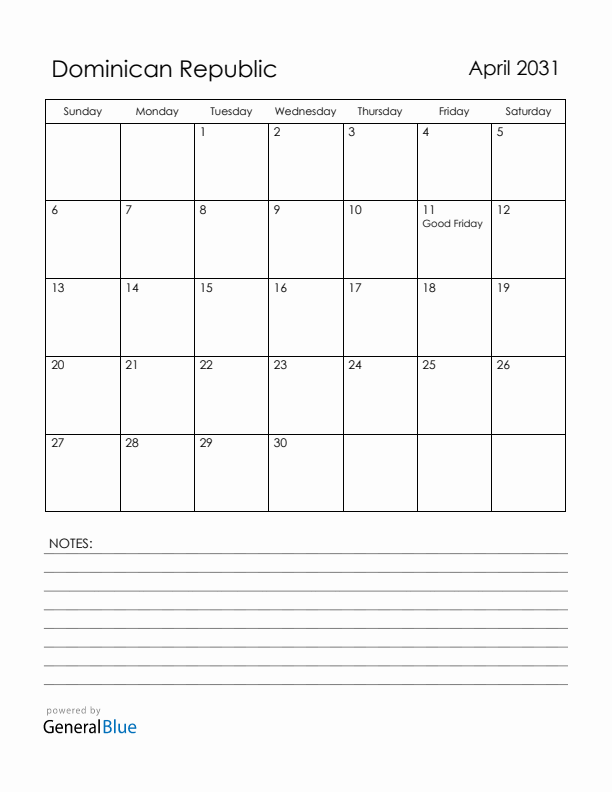 April 2031 Dominican Republic Calendar with Holidays (Sunday Start)