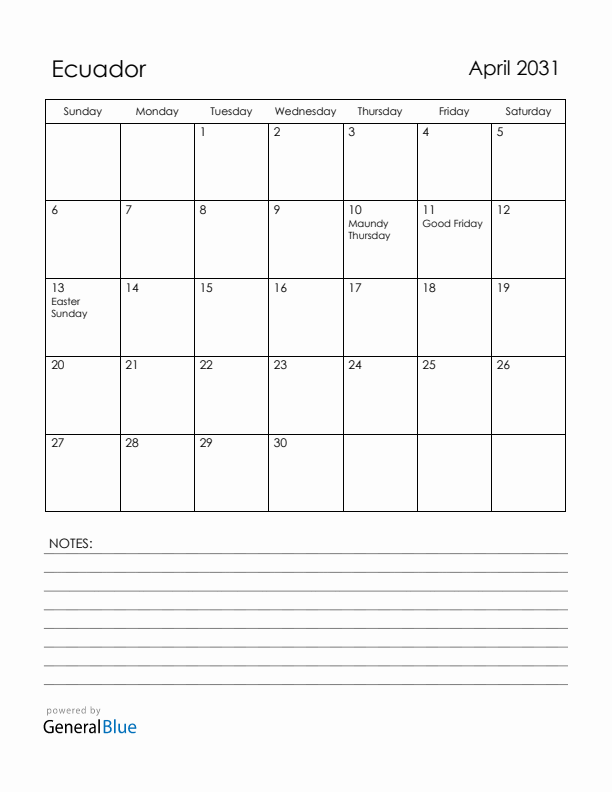 April 2031 Ecuador Calendar with Holidays (Sunday Start)