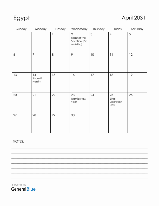 April 2031 Egypt Calendar with Holidays (Sunday Start)