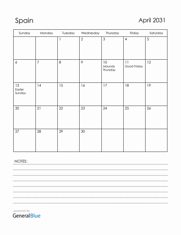 April 2031 Spain Calendar with Holidays (Sunday Start)