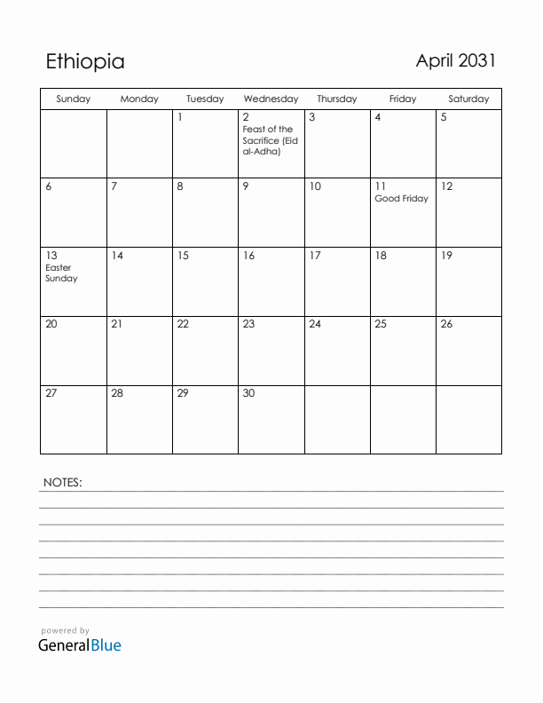 April 2031 Ethiopia Calendar with Holidays (Sunday Start)
