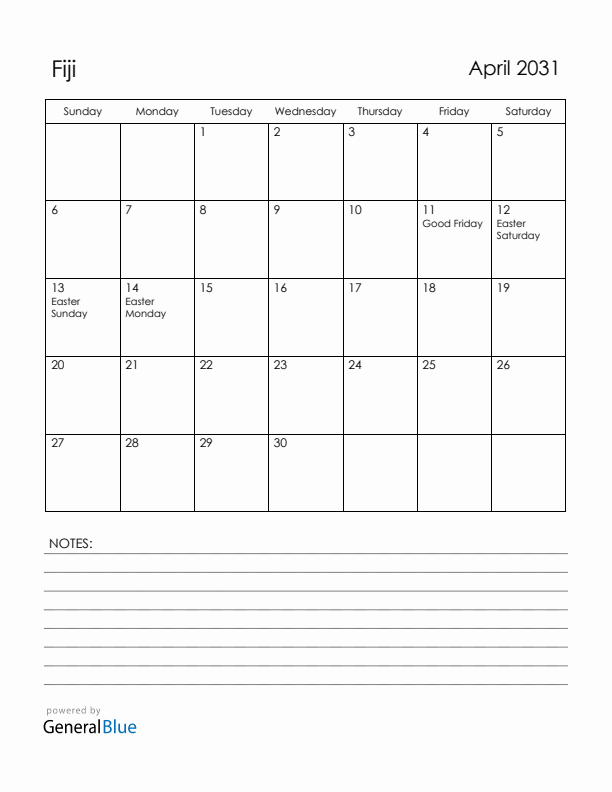 April 2031 Fiji Calendar with Holidays (Sunday Start)