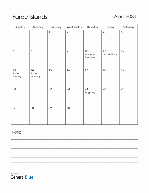 April 2031 Faroe Islands Calendar with Holidays (Sunday Start)