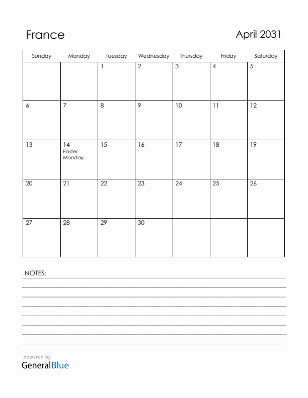April 2031 France Calendar with Holidays (Sunday Start)
