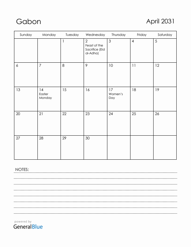 April 2031 Gabon Calendar with Holidays (Sunday Start)