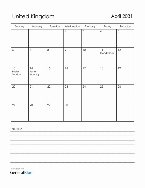 April 2031 United Kingdom Calendar with Holidays (Sunday Start)