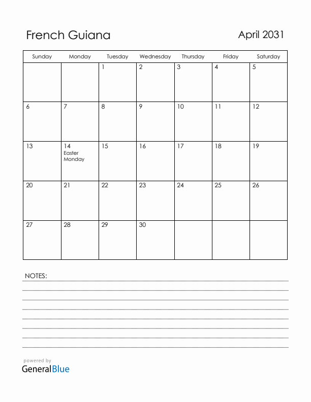 April 2031 French Guiana Calendar with Holidays (Sunday Start)