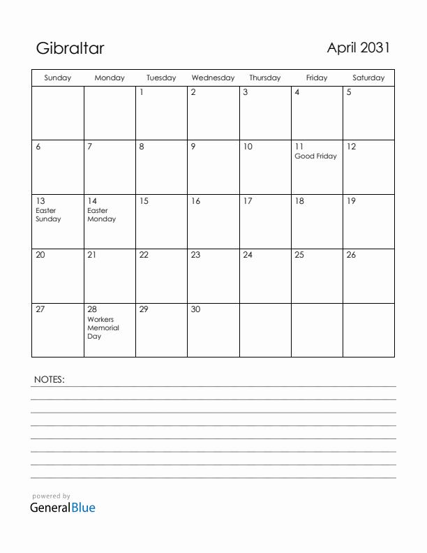 April 2031 Gibraltar Calendar with Holidays (Sunday Start)