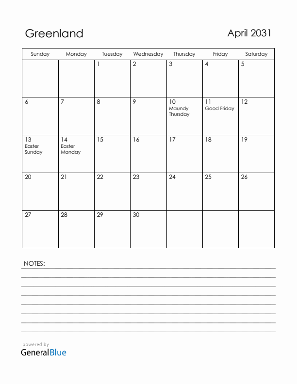 April 2031 Greenland Calendar with Holidays (Sunday Start)