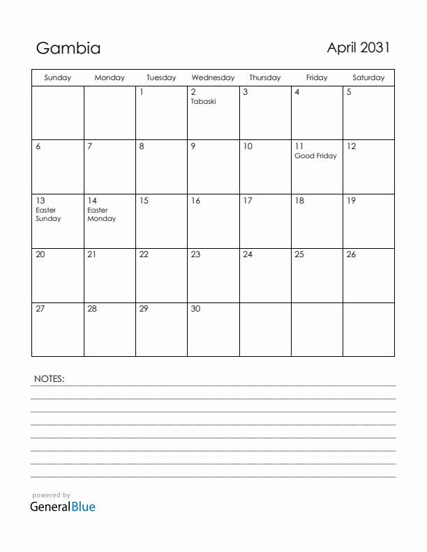April 2031 Gambia Calendar with Holidays (Sunday Start)
