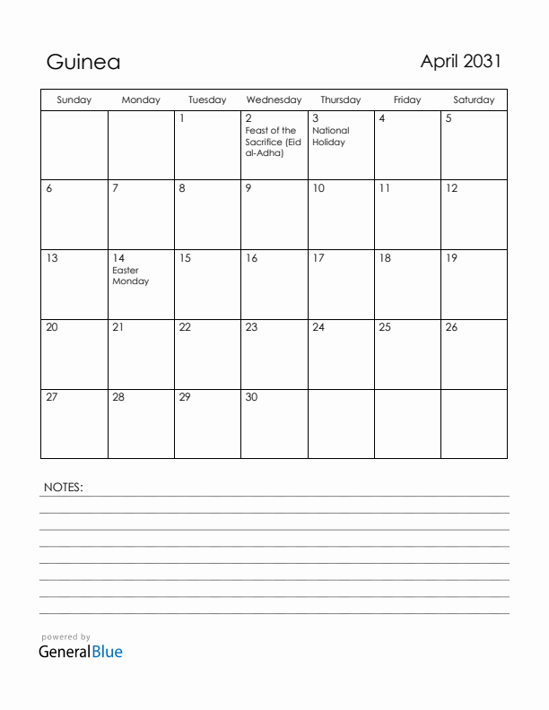 April 2031 Guinea Calendar with Holidays (Sunday Start)