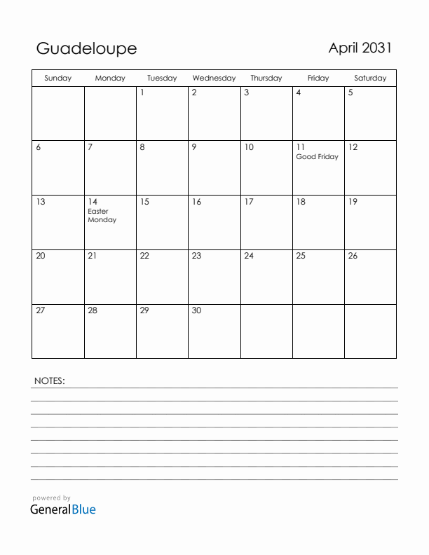 April 2031 Guadeloupe Calendar with Holidays (Sunday Start)