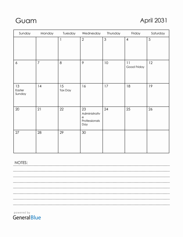 April 2031 Guam Calendar with Holidays (Sunday Start)