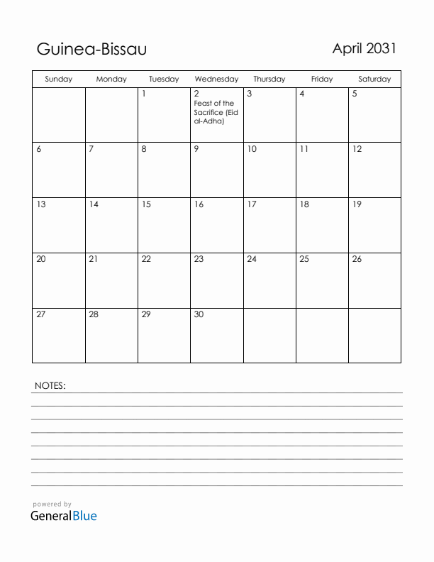 April 2031 Guinea-Bissau Calendar with Holidays (Sunday Start)